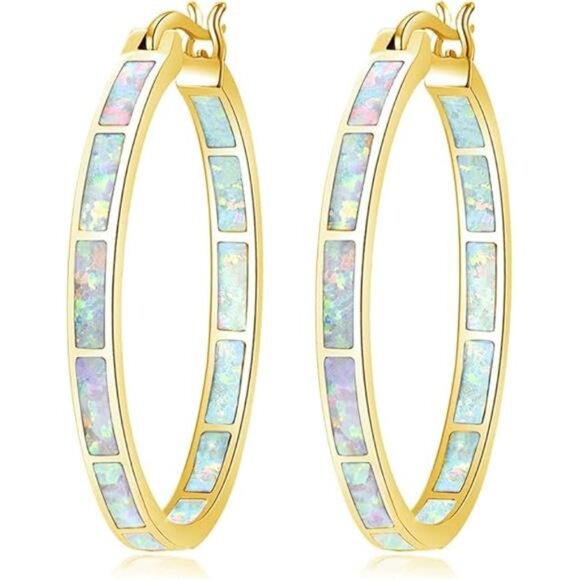 White Opal Hoop Earrings Gold Plated 32mm Gemstone Hoop Jewelry Gift for Women - Picture 7 of 7